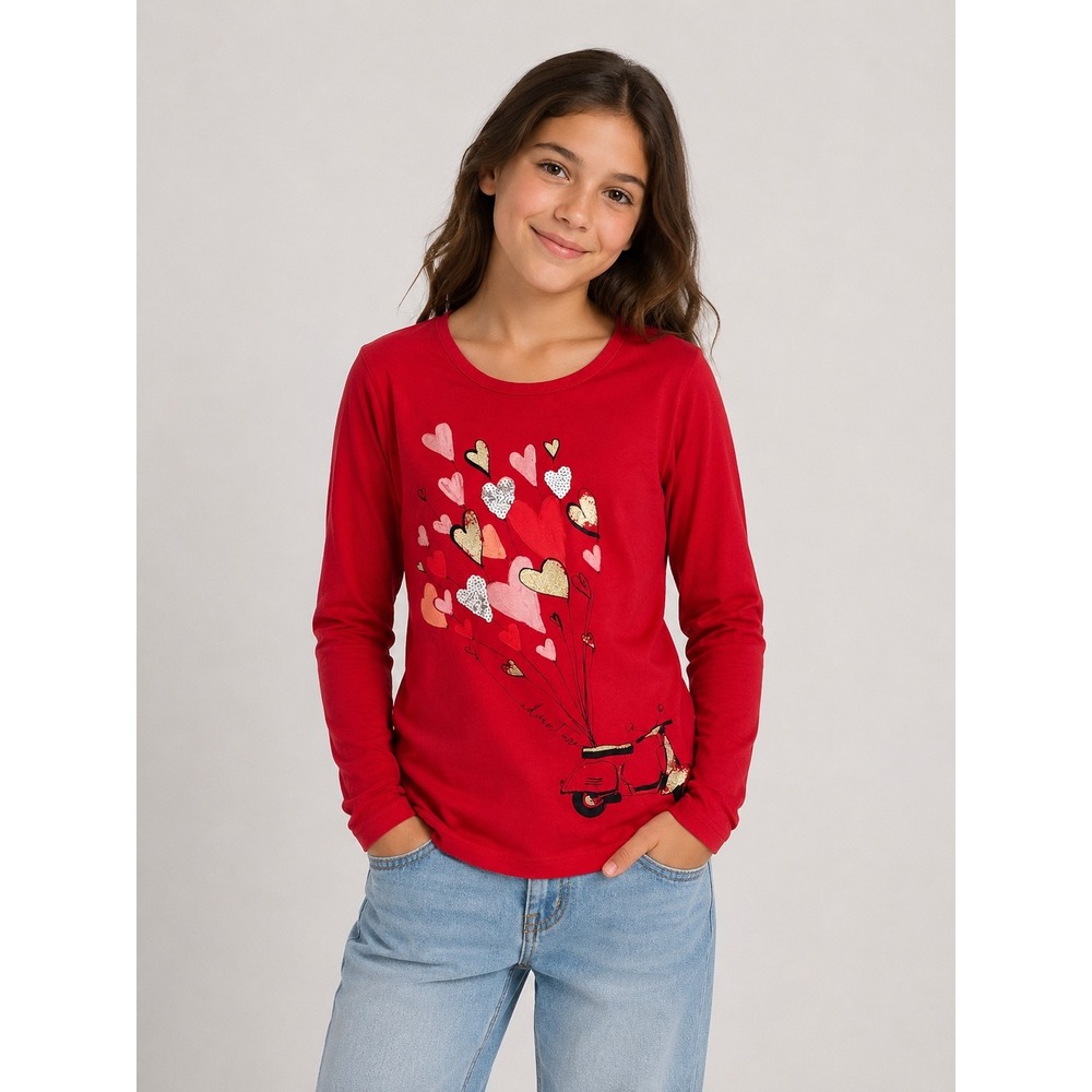 OshKosh Bgosh Girls Red Long Sleeve Heart Scooter Graphic Tee Shirt Size 14 14A